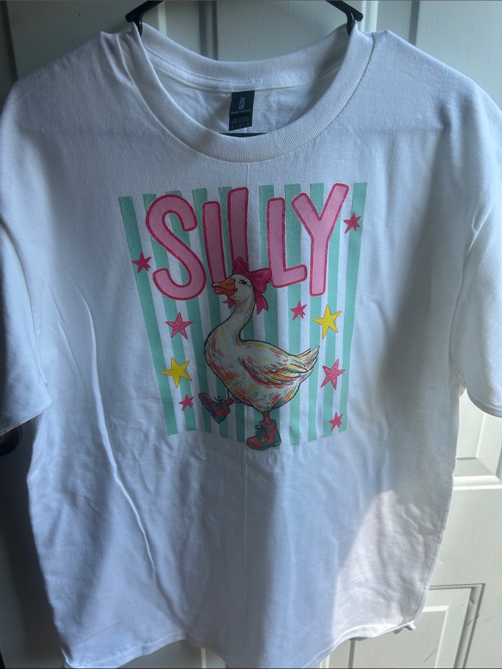 Gildan White Tee with Pink "SILLY" Duck Graphic